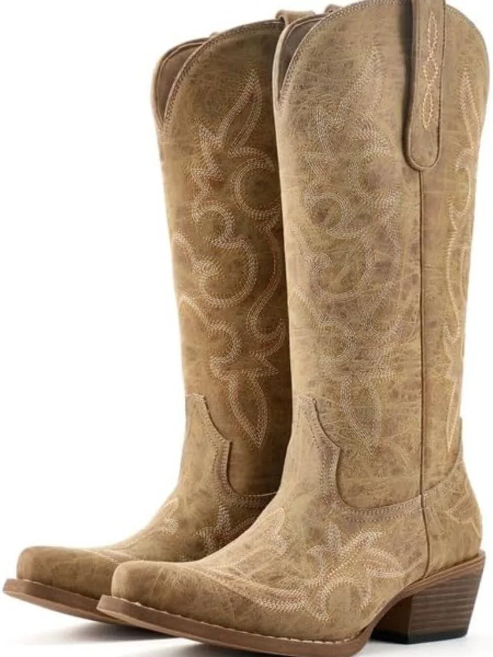🆕Women's Camel Western Cowgirl Boots Mid Calf Chunky Heel Embroidery